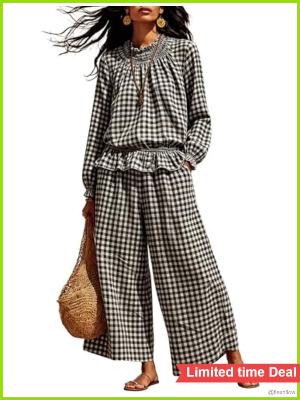 100% Cotton Gingham 2 Piece Lounge Set Long Sleeve Top Wide Leg Pants